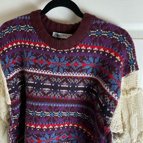 Zara Fair Isle knit pullover sweater with contrasting knit jacquard sleeves M - Picture 6 of 15